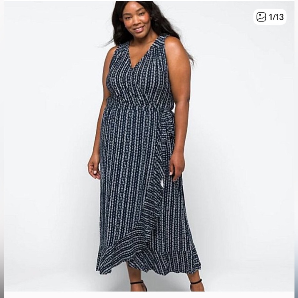 Loveappella Black and White Faux Wrap Midi Dress